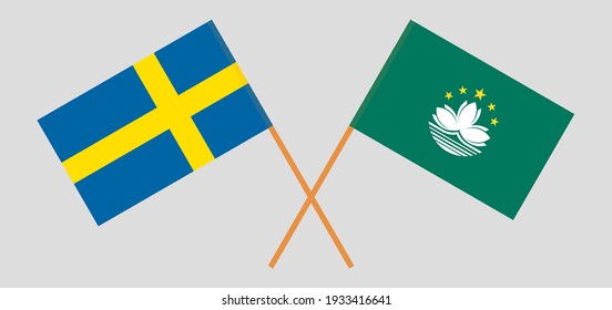 Crossed flags of Sweden and Macau. Official colors. Correct proportion