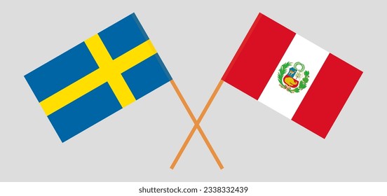 Crossed flags of Sweden and Peru. Official colors. Correct proportion. Vector illustration
