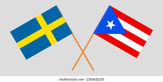 Crossed flags of Sweden and Puerto Rico. Official colors. Correct proportion. Vector illustration

