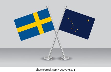Crossed flags of Sweden and State of Alaska. Official colors. Correct proportion. Banner design