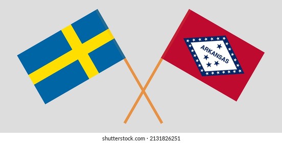 Crossed flags of Sweden and The State of Arkansas. Official colors. Correct proportion. Vector illustration