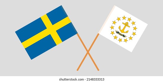 Banderas cruzadas de Suecia y el Estado de la isla Rhode. Colores oficiales. Proporción correcta. Ilustración del vector
