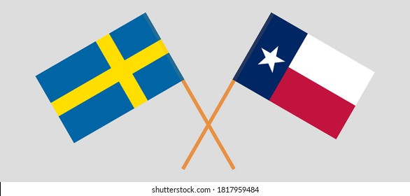 Crossed flags of Sweden and the State of Texas. Official colors. Correct proportion. Vector illustration
