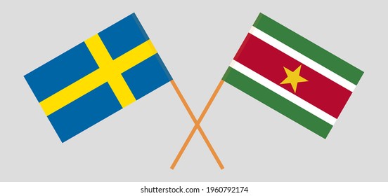 Crossed flags of Sweden and Suriname. Official colors. Correct proportion