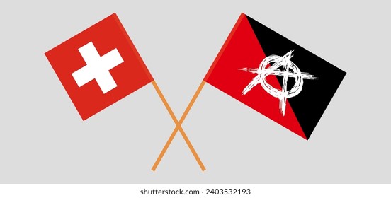 Crossed flags of Switzerland and anarchy. Official colors. Correct proportion. Vector illustration
