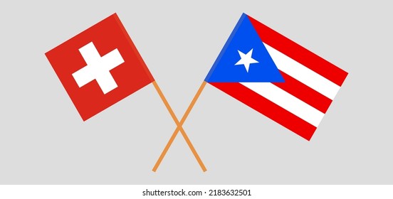 Crossed flags of Switzerland and Puerto Rico. Official colors. Correct proportion. Vector illustration
