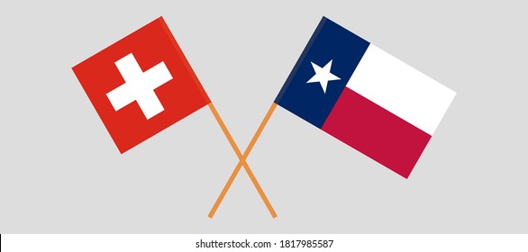 Crossed flags of Switzerland and the State of Texas. Official colors. Correct proportion. Vector illustration
