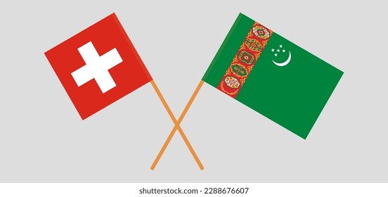 Crossed flags of Switzerland and Turkmenistan. Official colors. Correct proportion. Vector illustration
