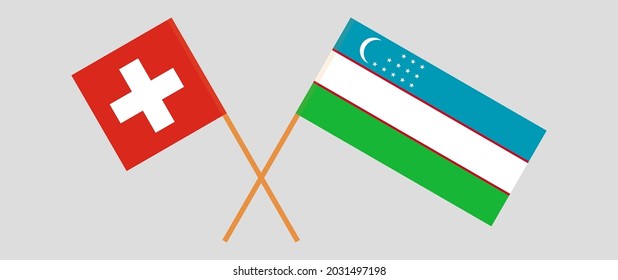 Crossed flags of Switzerland and Uzbekistan. Official colors. Correct proportion