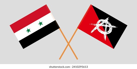 Crossed flags of Syria and anarchy. Official colors. Correct proportion. Vector illustration
