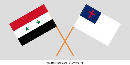 Crossed flags of Syria and christianity. Official colors. Correct proportion. Vector illustration