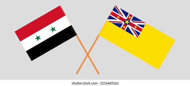 Crossed flags of Syria and Niue. Official colors. Correct proportion. Vector illustration
