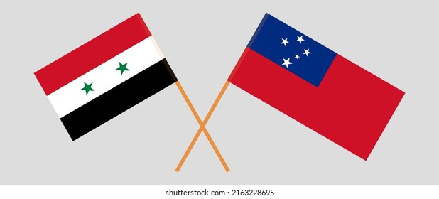Banderas cruzadas de Siria y Samoa. Colores oficiales. Proporción correcta. Ilustración del vector

