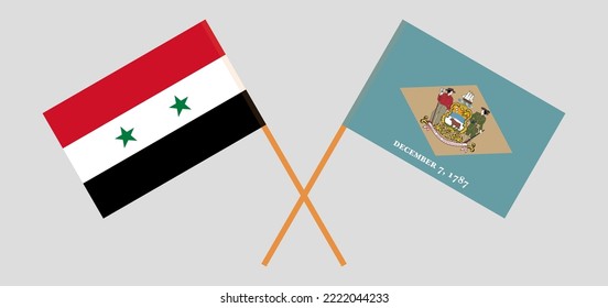 Crossed flags of Syria and The State of Delaware. Official colors. Correct proportion. Vector illustration
