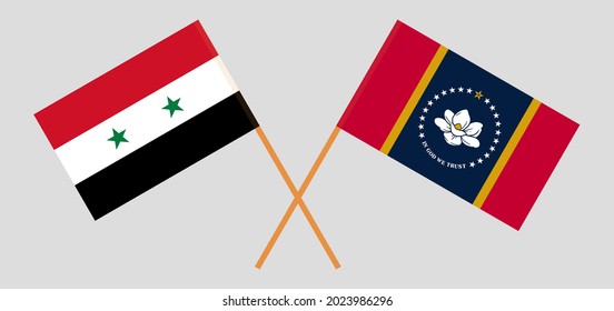 Crossed flags of Syria and the State of Mississippi. Official colors. Correct proportion