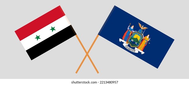 Banderas cruzadas de Siria y el estado de Nueva York. Colores oficiales. Proporción correcta. Ilustración del vector
