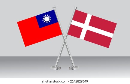 Crossed flags of Taiwan and Denmark. Official colors. Correct proportion. Banner design