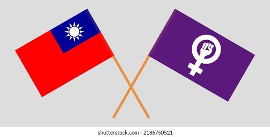 Crossed flags of Taiwan and Feminism. Official colors. Correct proportion. Vector illustration
