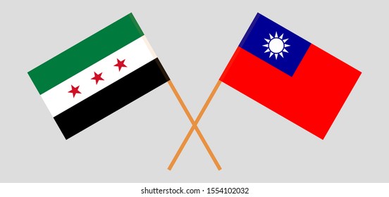 Crossed flags of Taiwan and Interim Government of Syria. Official colors. Correct proportion. Vector illustration
