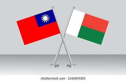 Crossed flags of Taiwan and Madagascar. Official colors. Correct proportion. Banner design