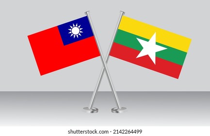 Crossed flags of Taiwan and Myanmar. Official colors. Correct proportion. Banner design