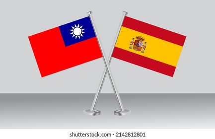 Crossed flags of Taiwan and Spain. Official colors. Correct proportion. Banner design