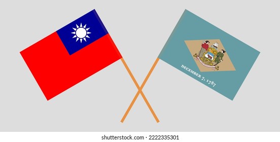 Crossed flags of Taiwan and The State of Delaware. Official colors. Correct proportion. Vector illustration
