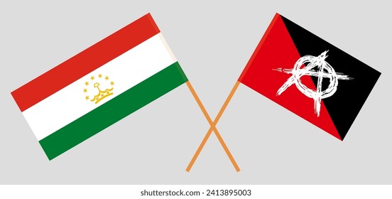 Crossed flags of Tajikistan and anarchy. Official colors. Correct proportion. Vector illustration