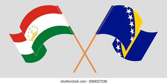 Crossed flags of Tajikistan and Bosnia and Herzegovina. Official colors. Correct proportion