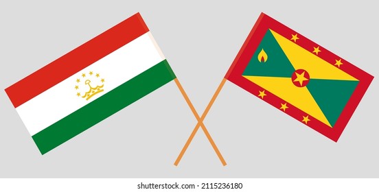 Crossed flags of Tajikistan and Grenada. Official colors. Correct proportion. Vector illustration
