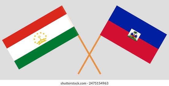 Crossed flags of Tajikistan and Haiti. Official colors. Correct proportion. Vector illustration
