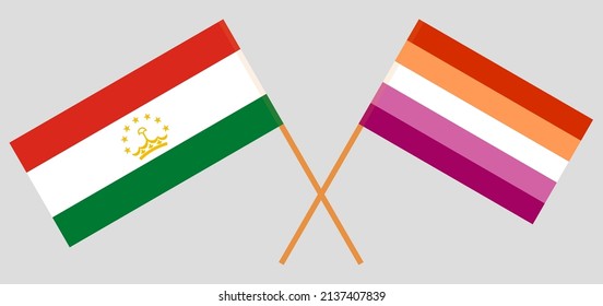 Crossed flags of Tajikistan and Lesbian Pride. Official colors. Correct proportion. Vector illustration
