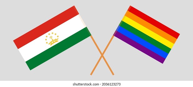 Crossed flags of Tajikistan and LGBTQ. Official colors. Correct proportion