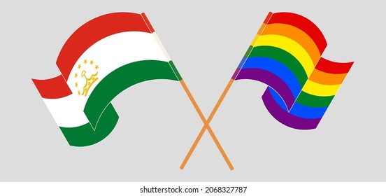 Crossed flags of Tajikistan and LGBTQ. Official colors. Correct proportion