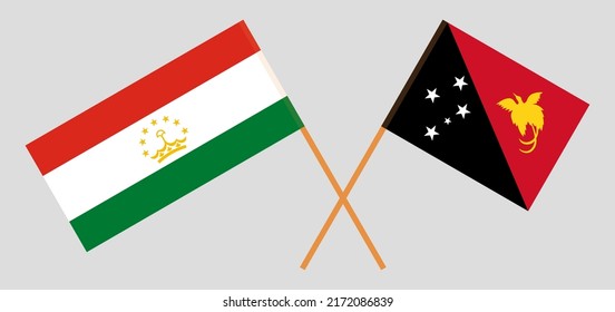 Crossed flags of Tajikistan and Papua New Guinea. Official colors. Correct proportion. Vector illustration
