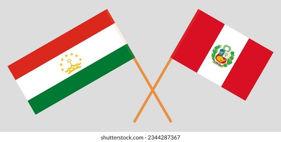Crossed flags of Tajikistan and Peru. Official colors. Correct proportion. Vector illustration
