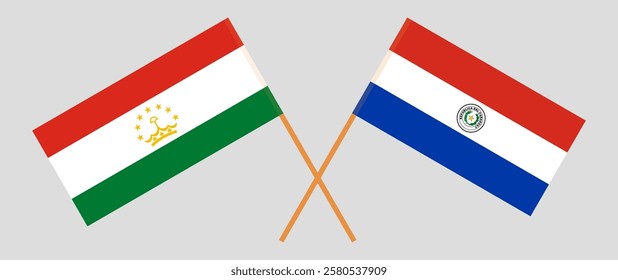 Crossed flags of Tajikistan and Republic of Paraguay. Official colors. Correct proportion. Vector illustration.
