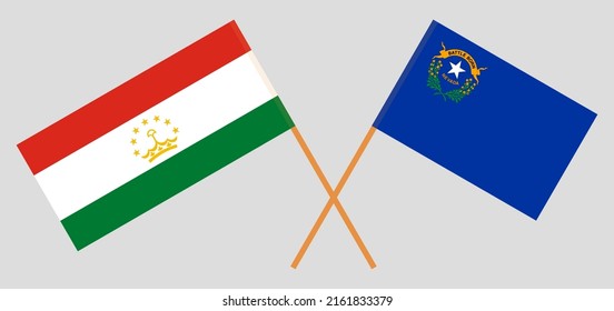Crossed flags of Tajikistan and The State of Nevada. Official colors. Correct proportion. Vector illustration
