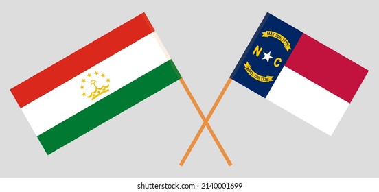 Crossed flags of Tajikistan and The State of North Carolina. Official colors. Correct proportion. Vector illustration
