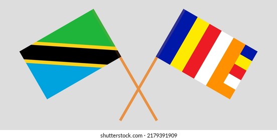 Crossed flags of Tanzania and Buddhism. Official colors. Correct proportion. Vector illustration
