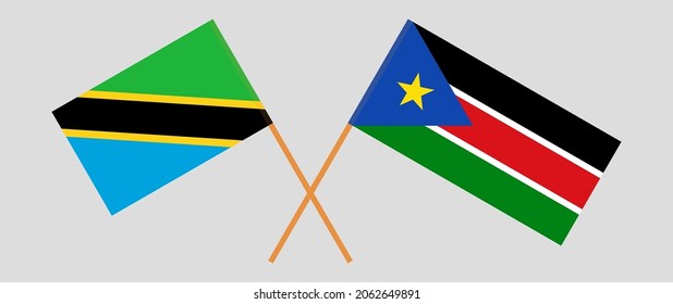 Crossed flags of Tanzania and South Sudan. Official colors. Correct proportion
