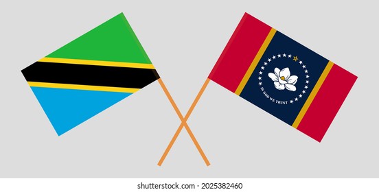 Crossed flags of Tanzania and the State of Mississippi. Official colors. Correct proportion