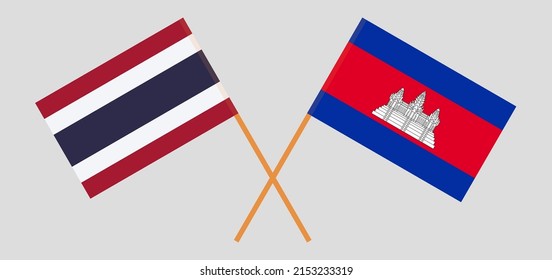 Crossed flags of Thailand and Cambodia. Official colors. Correct proportion. Vector illustration
