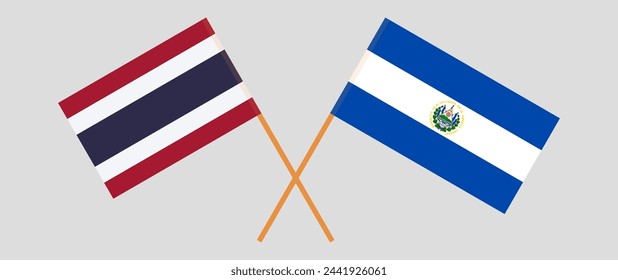 Crossed flags of Thailand and El Salvador. Official colors. Correct proportion. Vector illustration
