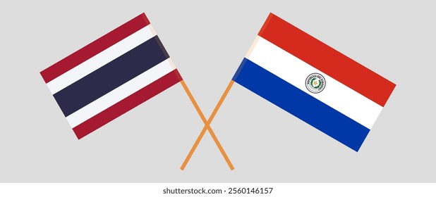 Crossed flags of Thailand and Republic of Paraguay. Official colors. Correct proportion. Vector illustration.
