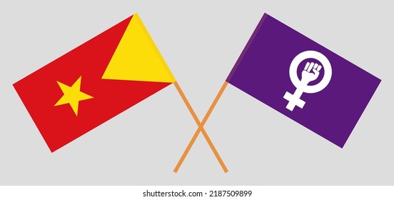 Crossed flags of Tigray and Feminism. Official colors. Correct proportion. Vector illustration
