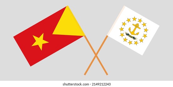Banderas cruzadas de Tigray y el Estado de la isla Rhode. Colores oficiales. Proporción correcta. Ilustración del vector
