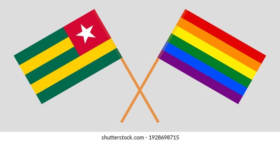 Crossed flags of Togo and LGBTQ. Official colors. Correct proportion