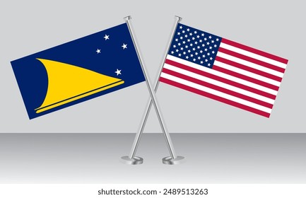Crossed flags of Tokelau and United State of America (USA). Official colors. Correct proportion. Banner design