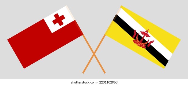 Crossed flags of Tonga and Brunei. Official colors. Correct proportion. Vector illustration
